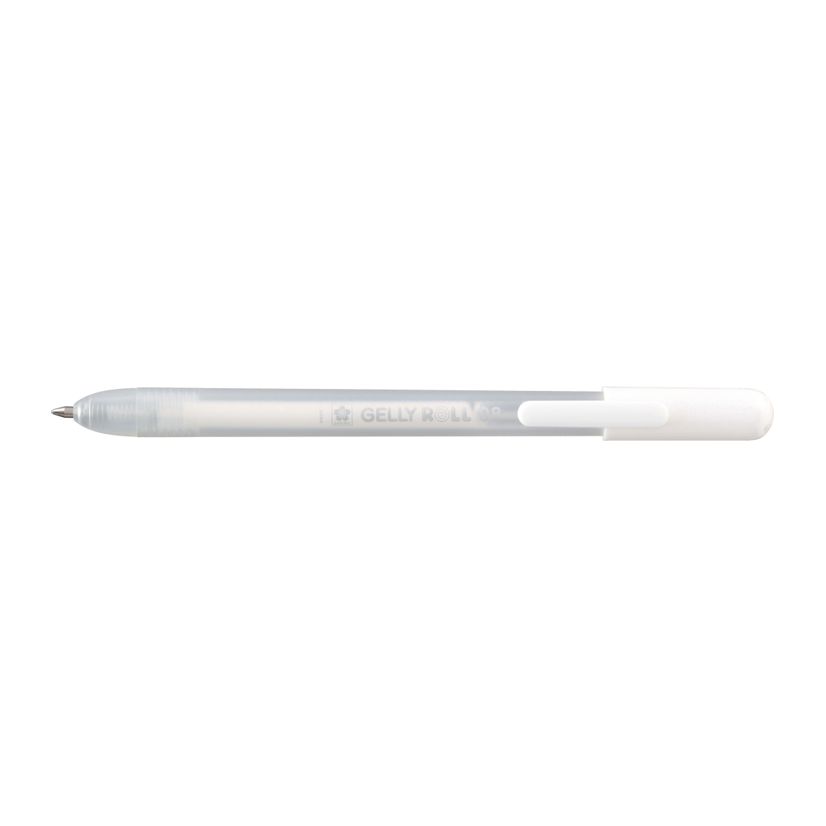 Sakura Gelly Roll Retractable 08 White gel pen side view with tip extended and white clip on the plunger end