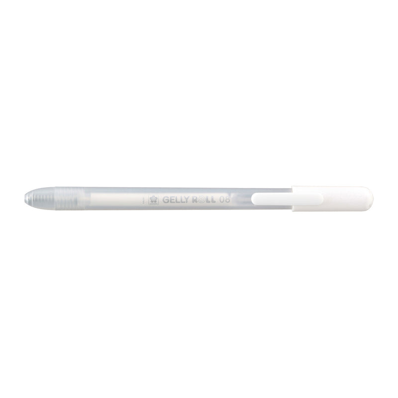 Sakura Gelly Roll Retractable 08 White gel pen with tip retracted, barrel printed GELLY ROLL 08
