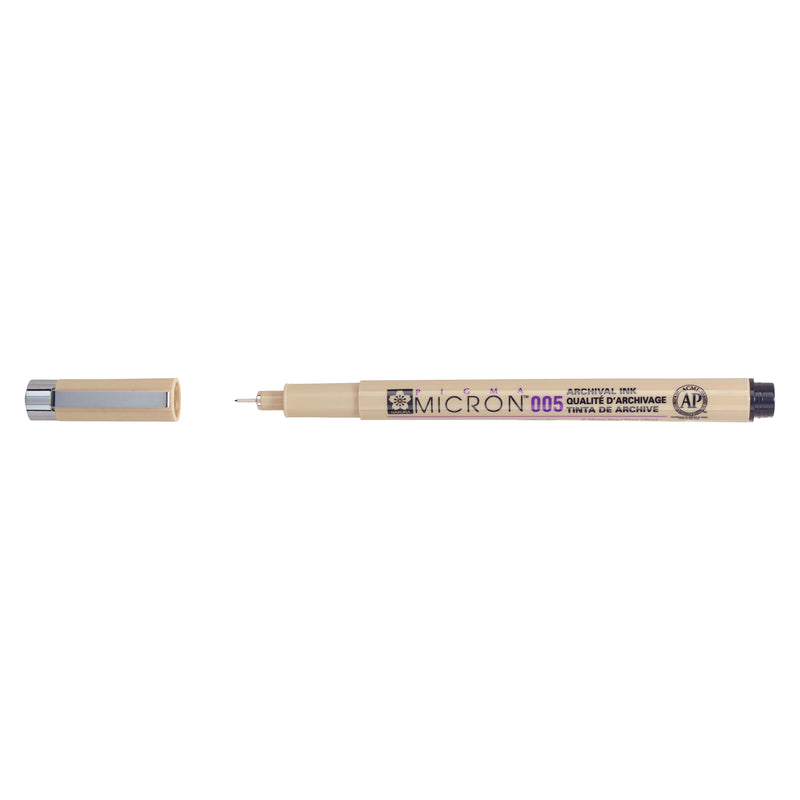 Sakura Pigma Micron 005 Black pen: uncapped side view with grey barrel printed Micron 005, cap with clip beside it