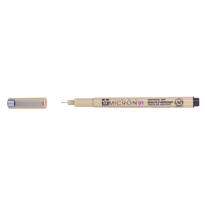 Sakura Pigma Micron 01 Black pen: uncapped side view with grey barrel printed Micron 01, cap with clip beside it