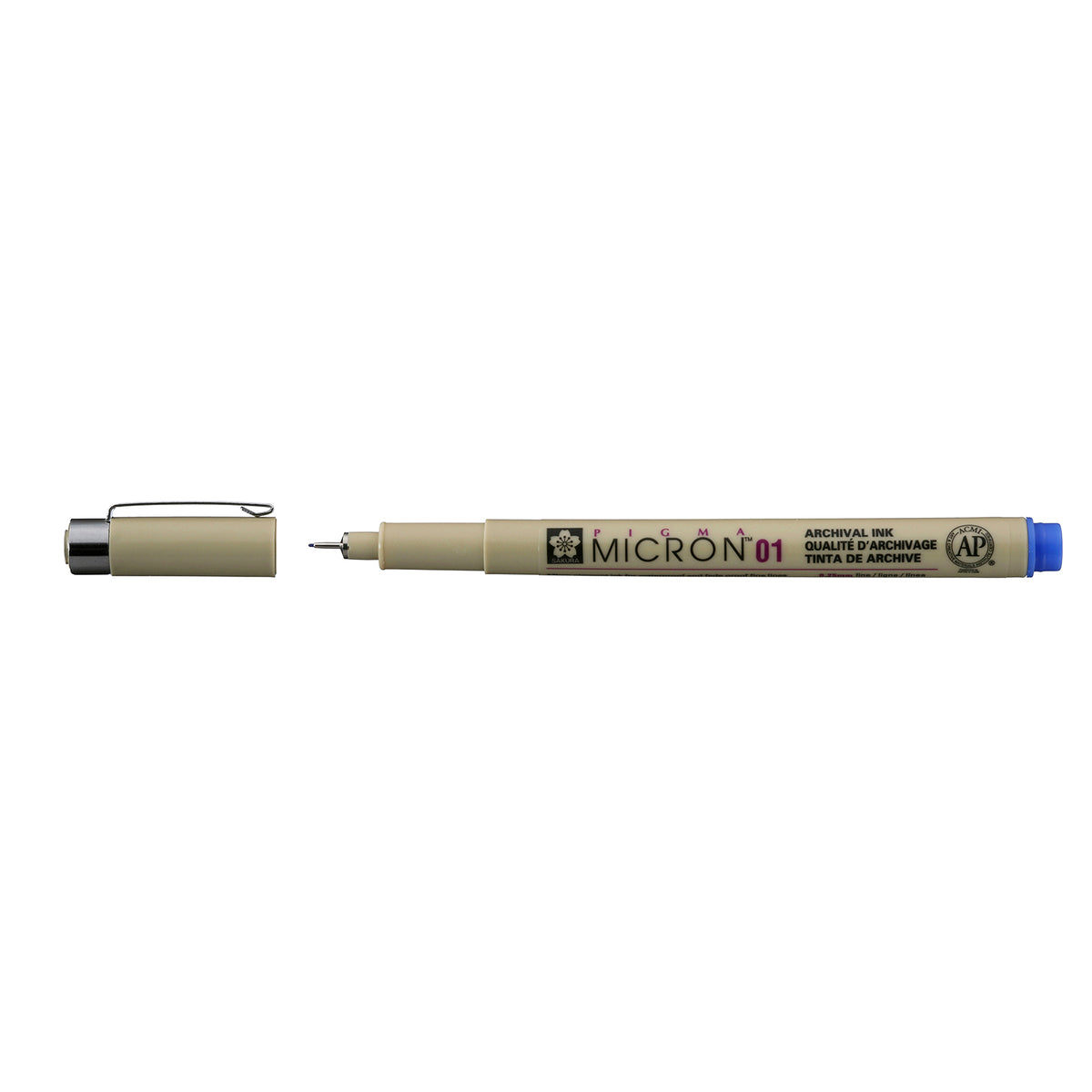 Sakura Pigma Micron 01 Blue pen: uncapped side view with grey barrel printed Micron 01, cap with clip beside it