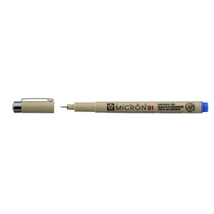 Sakura Pigma Micron 01 Blue pen: uncapped side view with grey barrel printed Micron 01, cap with clip beside it