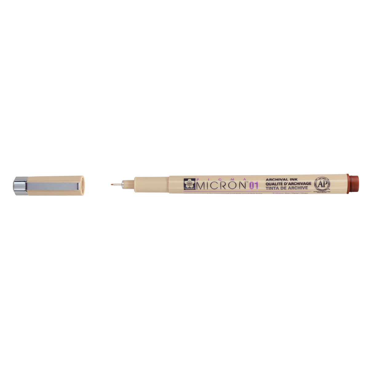 Sakura Pigma Micron 01 Brown pen: uncapped side view with grey barrel printed Micron 01, cap with clip beside it