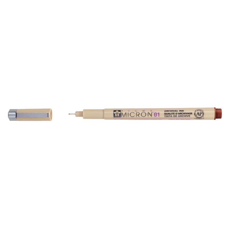 Sakura Pigma Micron 01 Brown pen: uncapped side view with grey barrel printed Micron 01, cap with clip beside it