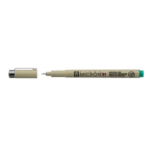 Sakura Pigma Micron 01 Green pen: uncapped side view with grey barrel printed Micron 01, cap with clip beside it