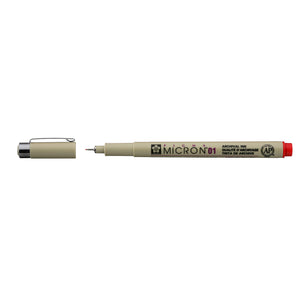 Sakura Pigma Micron 01 Red pen: uncapped side view with grey barrel printed Micron 01, cap with clip beside it