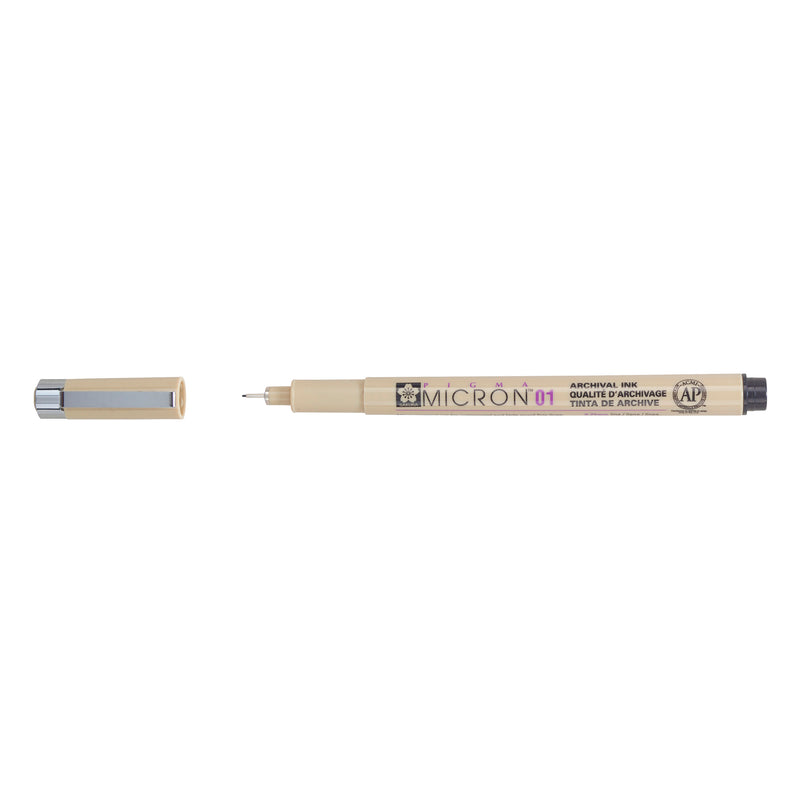 Sakura Pigma Micron 01 Sepia pen: uncapped side view with grey barrel printed Micron 01, cap with clip beside it