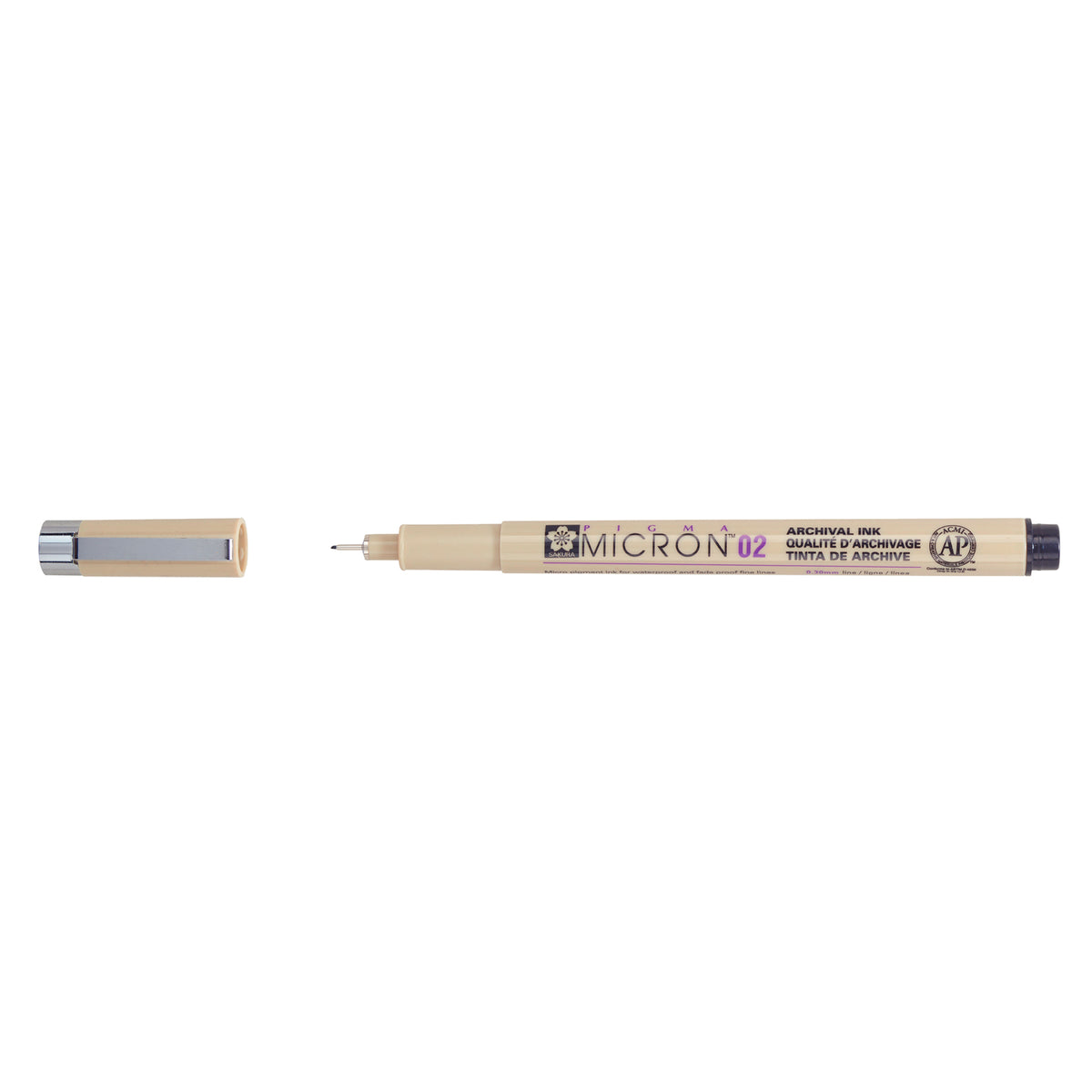 Sakura Pigma Micron 02 Black pen: uncapped side view with grey barrel printed Micron 02, cap with clip beside it