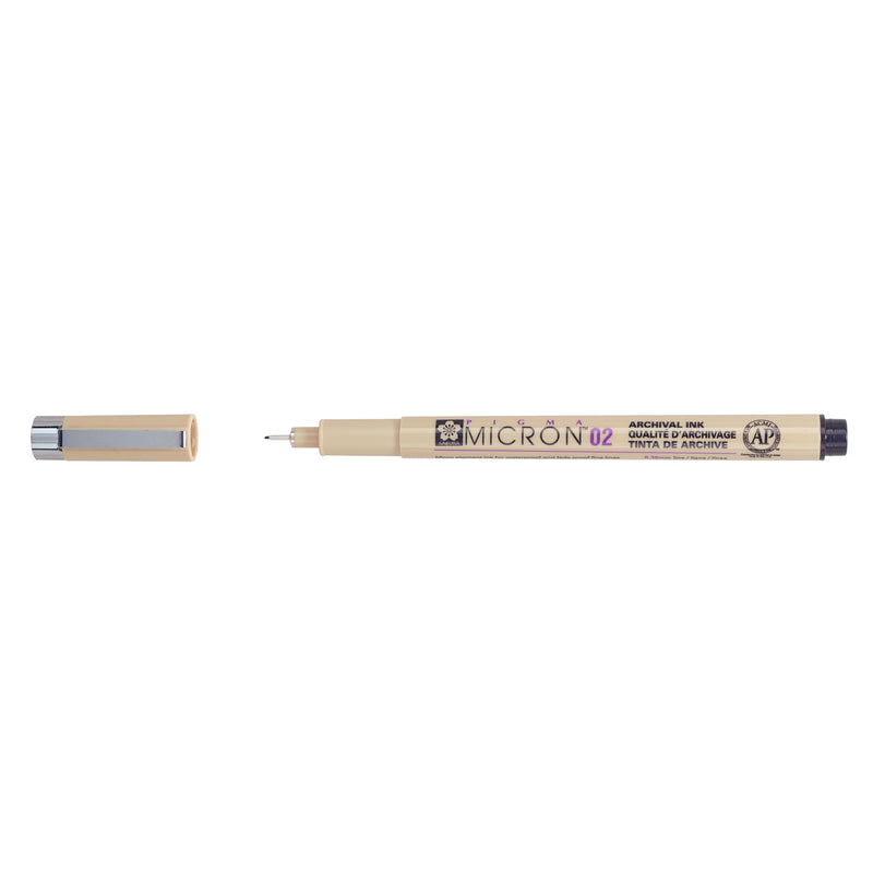 Sakura Pigma Micron 02 Black pen: uncapped side view with grey barrel printed Micron 02, cap with clip beside it
