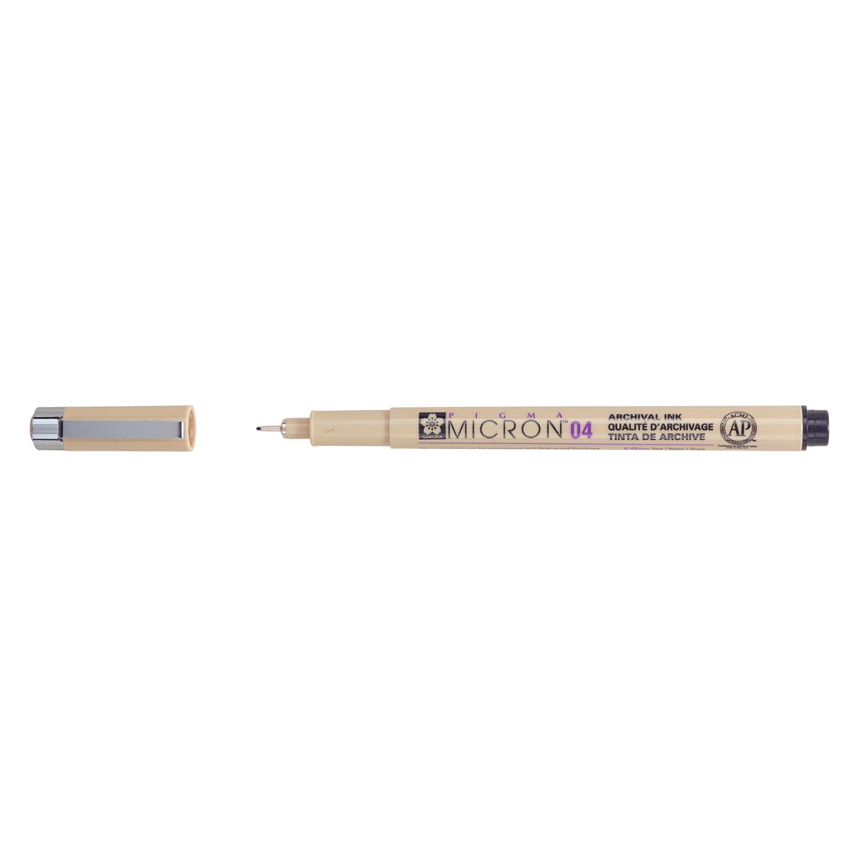 Sakura Pigma Micron 04 Black pen: uncapped side view with grey barrel printed Micron 04, cap with clip beside it
