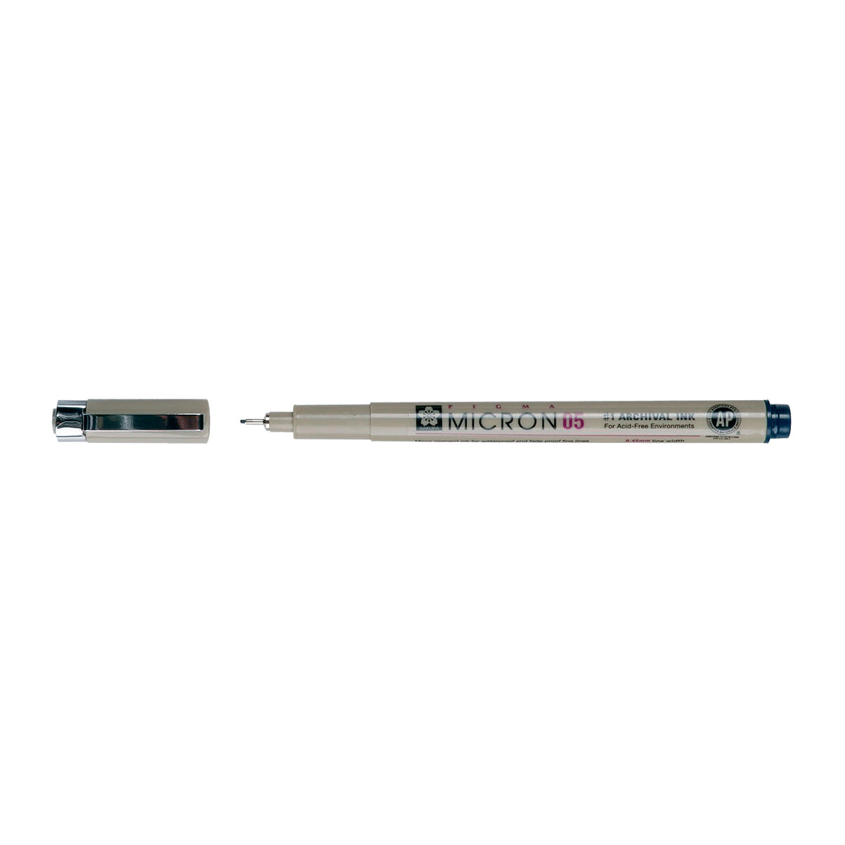 Sakura Pigma Micron 05 Blue Black pen: uncapped side view with grey barrel printed Micron 05, cap with clip beside it