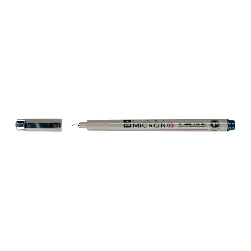 Sakura Pigma Micron 05 Blue Black pen: uncapped side view with grey barrel printed Micron 05, cap with clip beside it