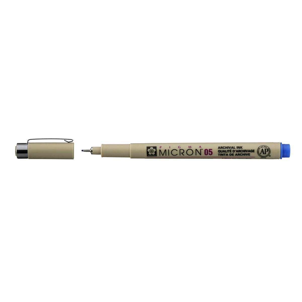 Sakura Pigma Micron 05 Blue pen: uncapped side view with grey barrel printed Micron 05, cap with clip beside it