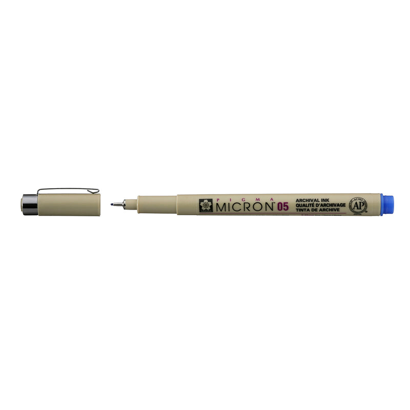 Sakura Pigma Micron 05 Blue pen: uncapped side view with grey barrel printed Micron 05, cap with clip beside it