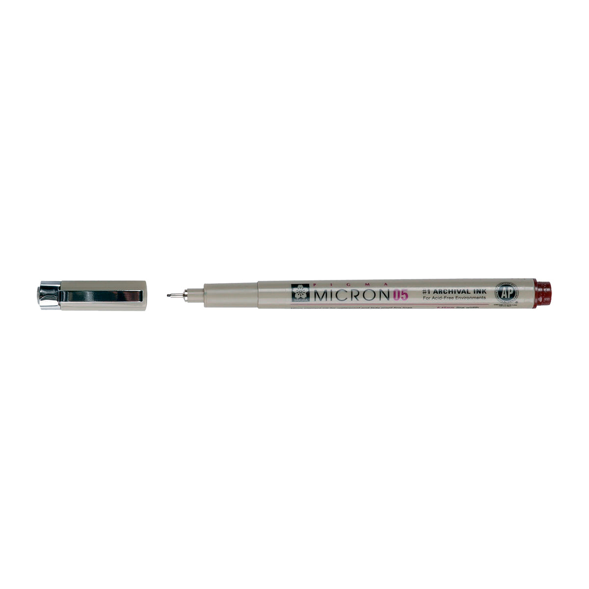 Sakura Pigma Micron 05 Burgundy pen: uncapped side view with grey barrel printed Micron 05, cap with clip beside it