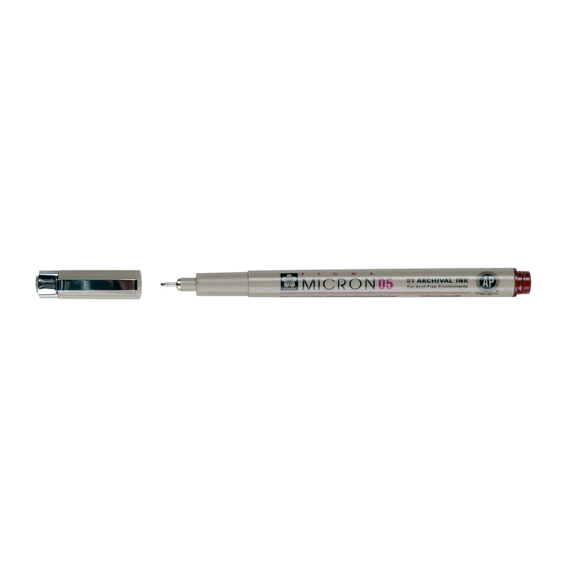 Sakura Pigma Micron 05 Burgundy pen: uncapped side view with grey barrel printed Micron 05, cap with clip beside it