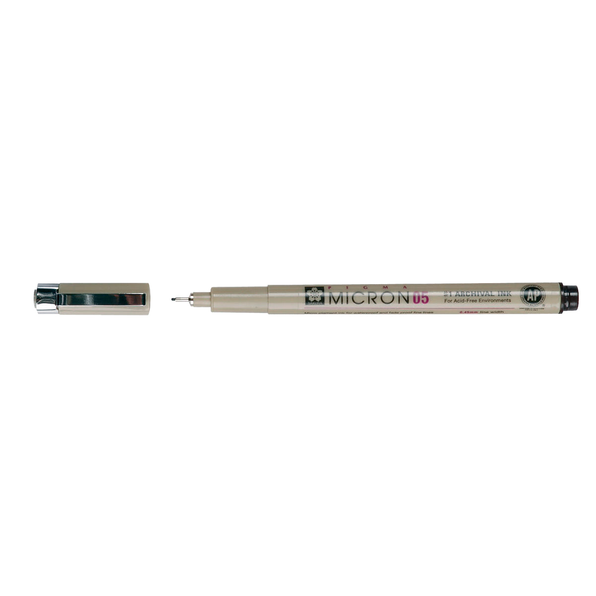 Sakura Pigma Micron 05 Hunter Green pen: uncapped side view with grey barrel printed Micron 05, cap with clip beside it