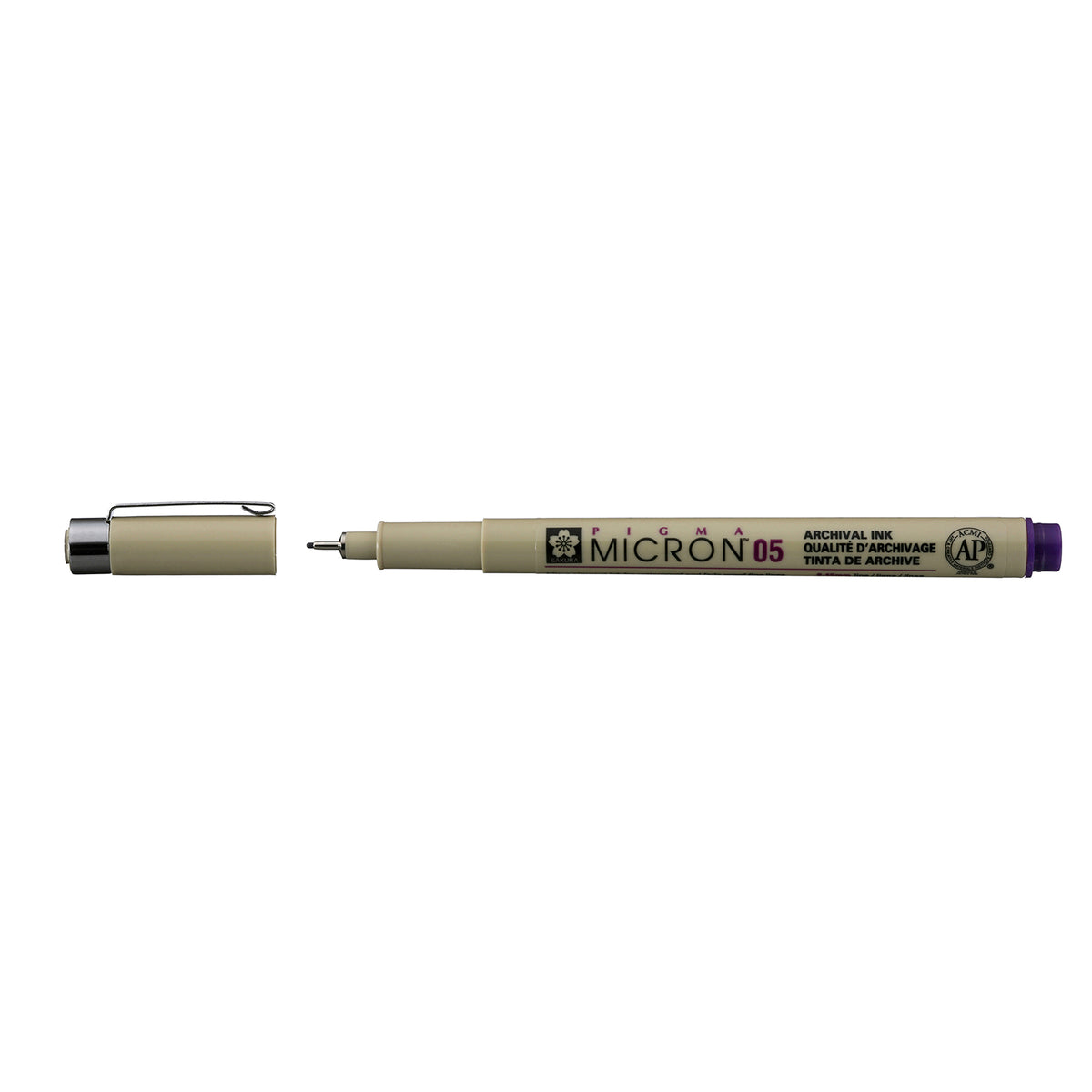 Sakura Pigma Micron 05 Purple pen: uncapped side view with grey barrel printed Micron 05, cap with clip beside it