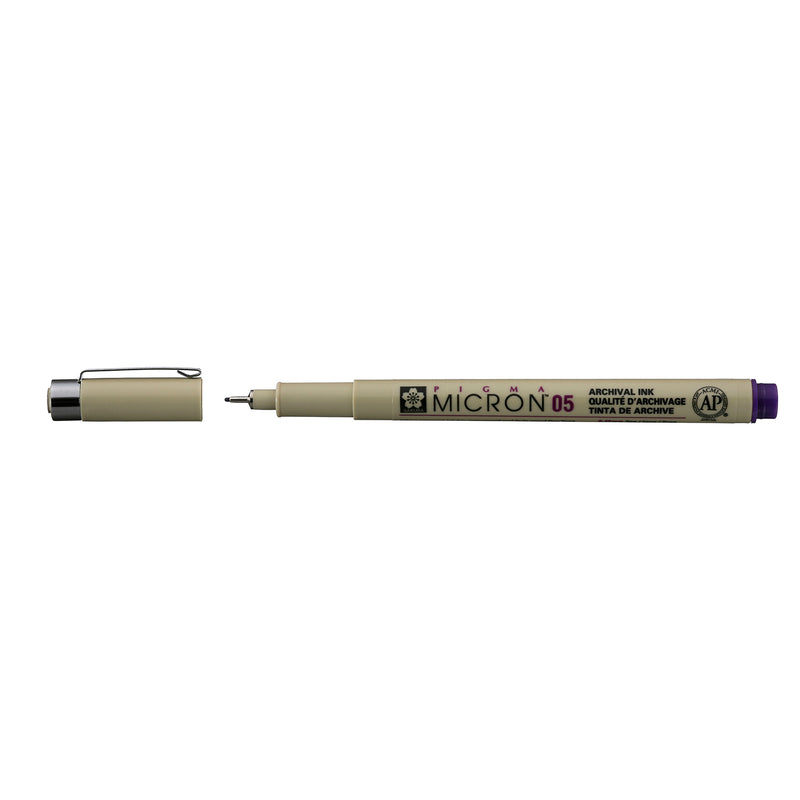 Sakura Pigma Micron 05 Purple pen: uncapped side view with grey barrel printed Micron 05, cap with clip beside it