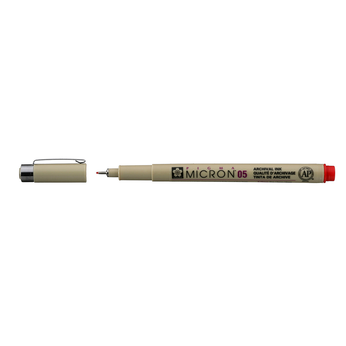 Sakura Pigma Micron 05 Red pen: uncapped side view with grey barrel printed Micron 05, cap with clip beside it