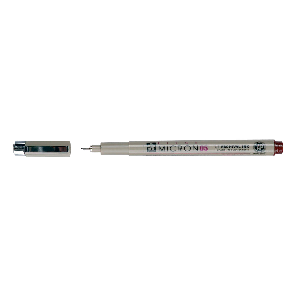 Sakura Pigma Micron 05 Sepia pen: uncapped side view with grey barrel printed Micron 05, cap with clip beside it