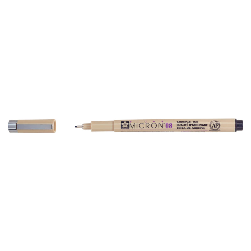Sakura Pigma Micron 08 Black pen: uncapped side view with grey barrel printed Micron 08, cap with clip beside it