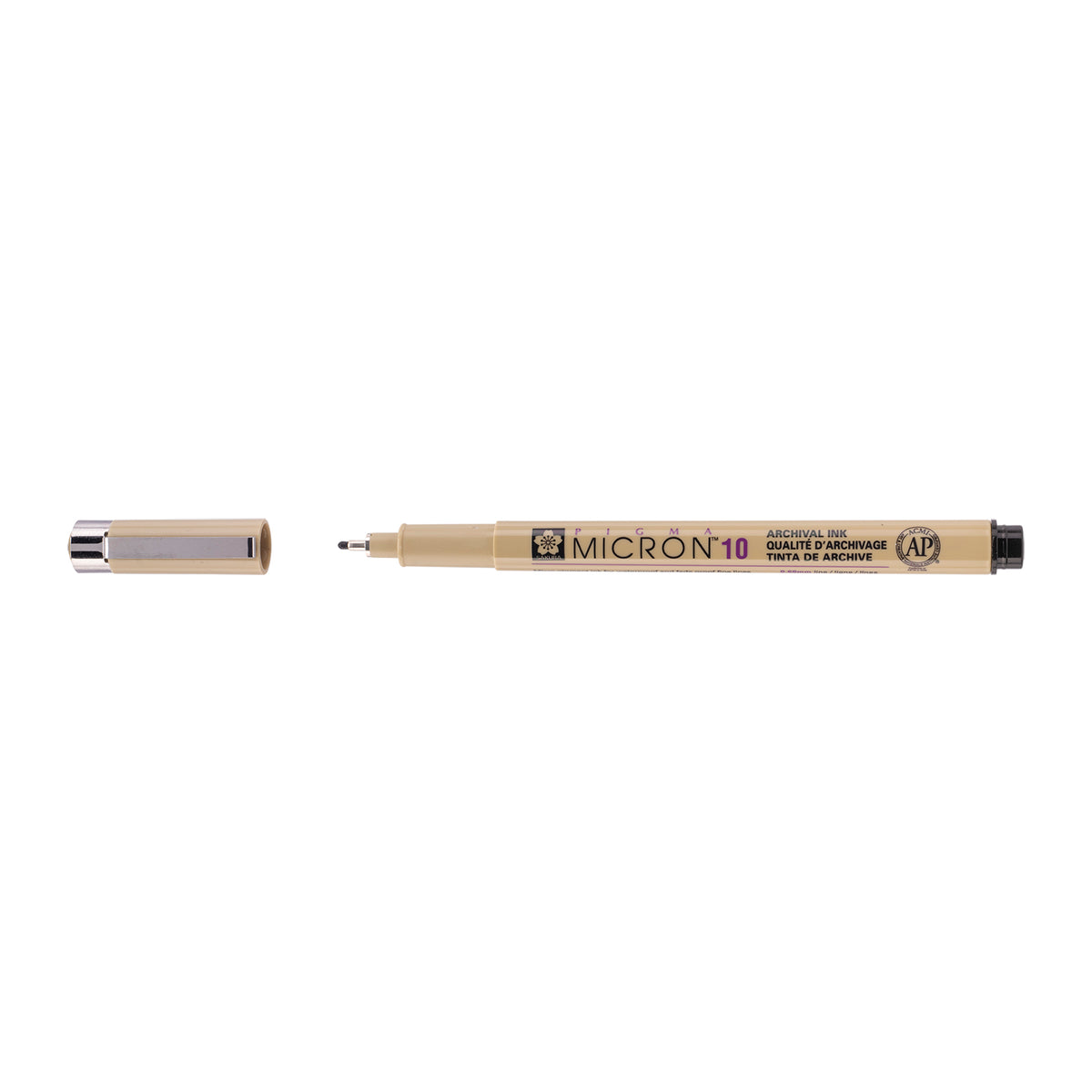 Sakura Pigma Micron 10 Black pen: uncapped side view with grey barrel printed Micron 10, cap with clip beside it