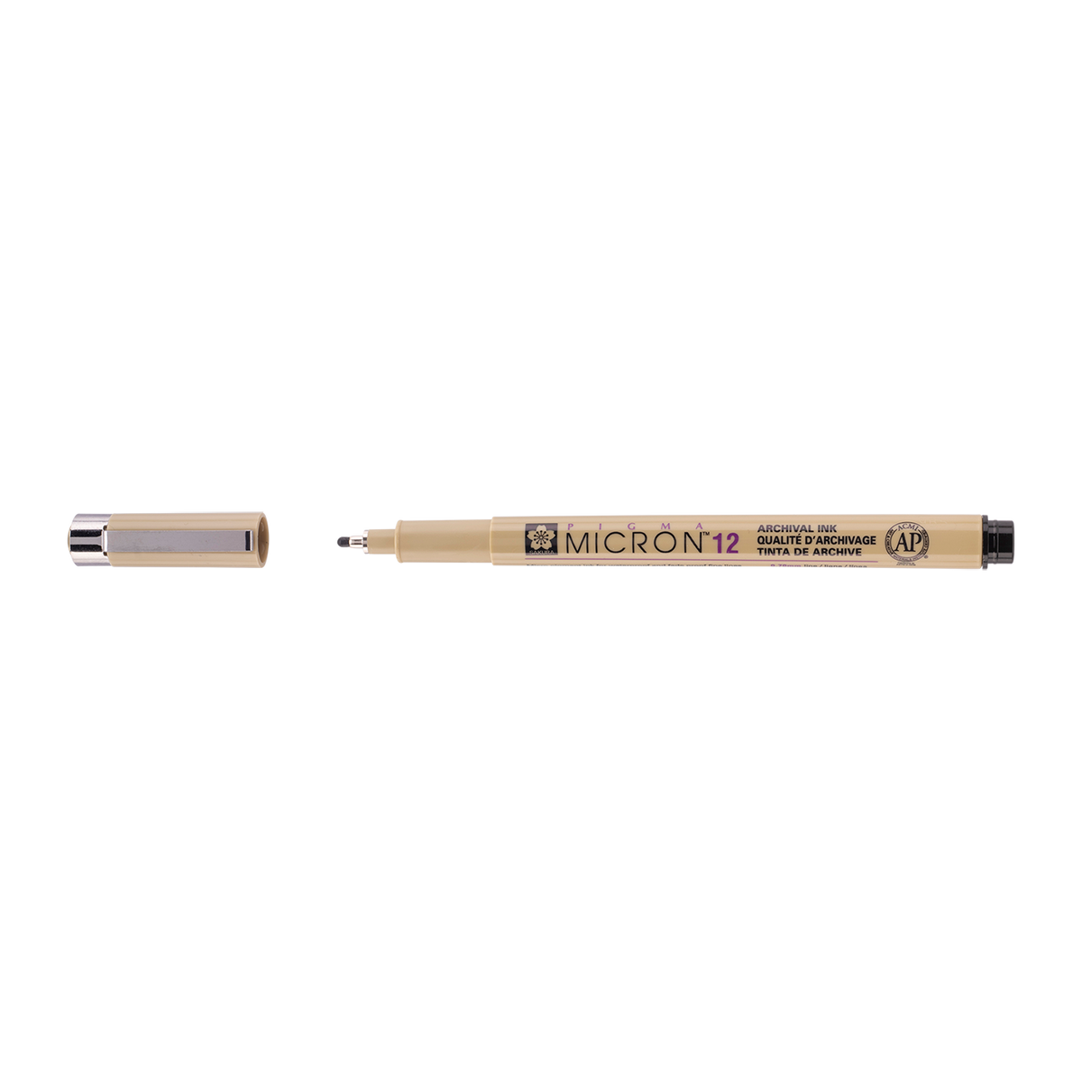 Sakura Pigma Micron 12 Black pen shown full length with the cap fitted, barrel printed Micron 12