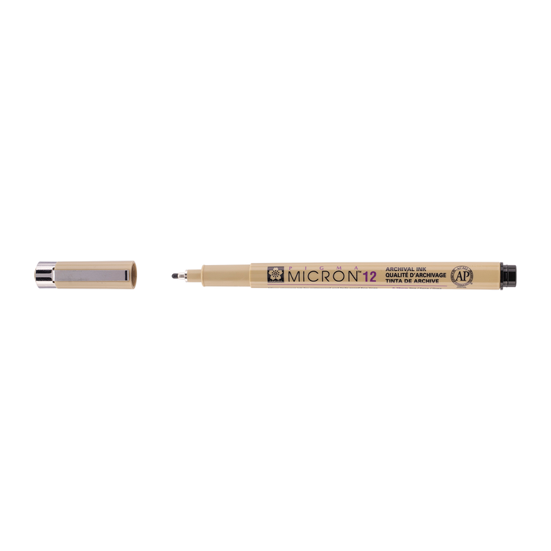 Sakura Pigma Micron 12 Black pen shown full length with the cap fitted, barrel printed Micron 12
