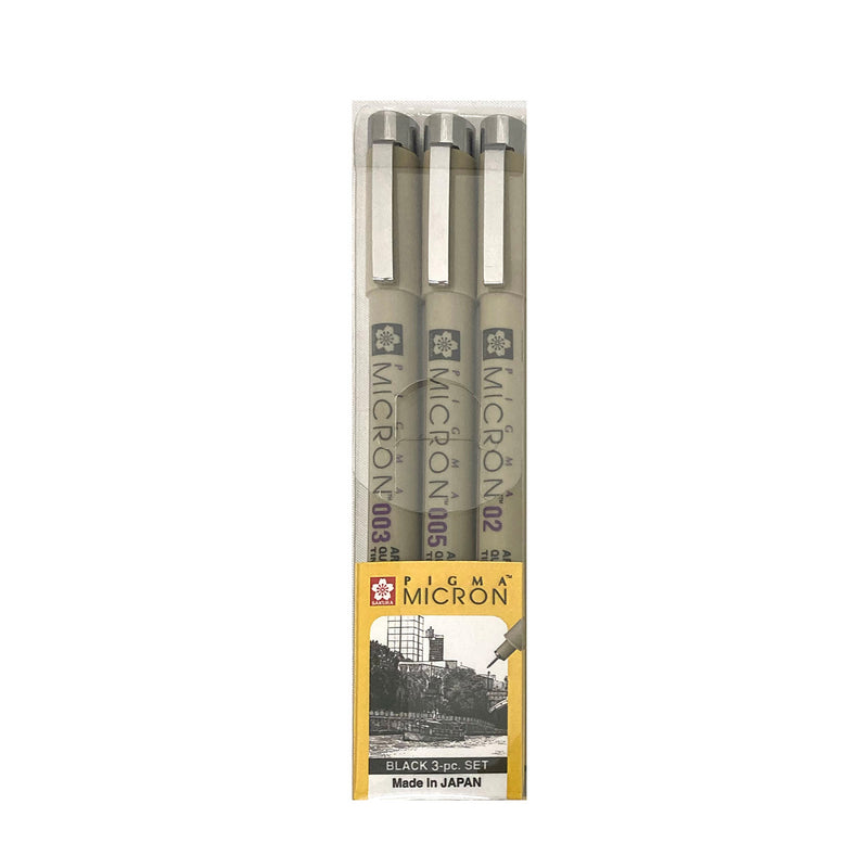 Sakura Pigma Micron black 3 pen set 003, 005, 02 in clear blister pack labelled Black 3-pc. Set, Made in Japan