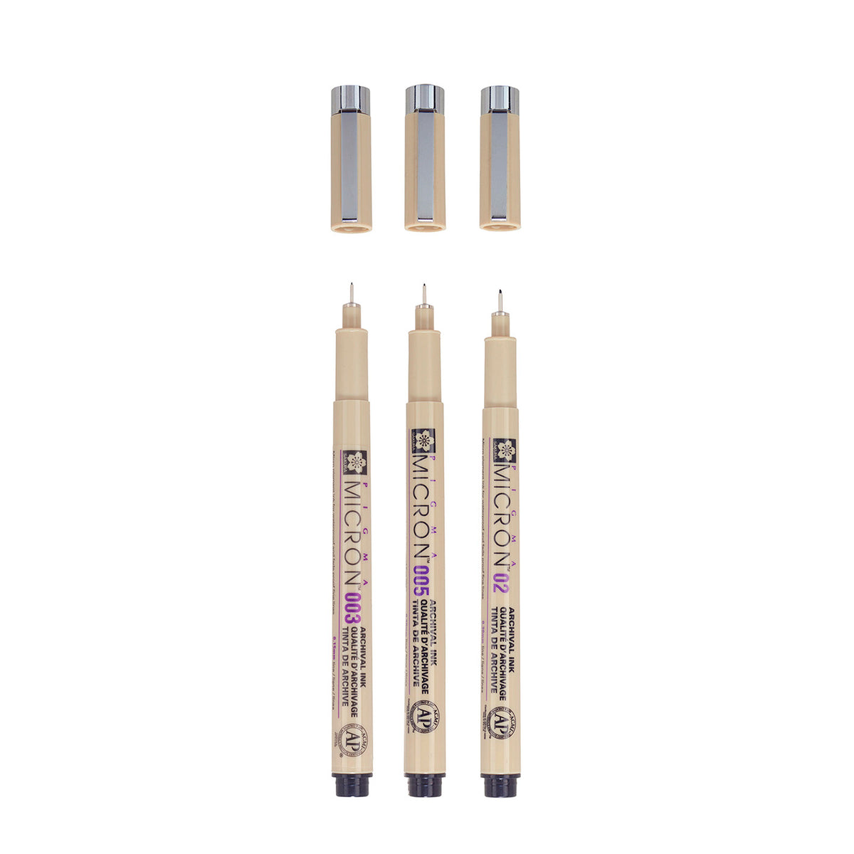 Sakura Pigma Micron 003, 005 and 02 black pens uncapped and upright, with their three caps above