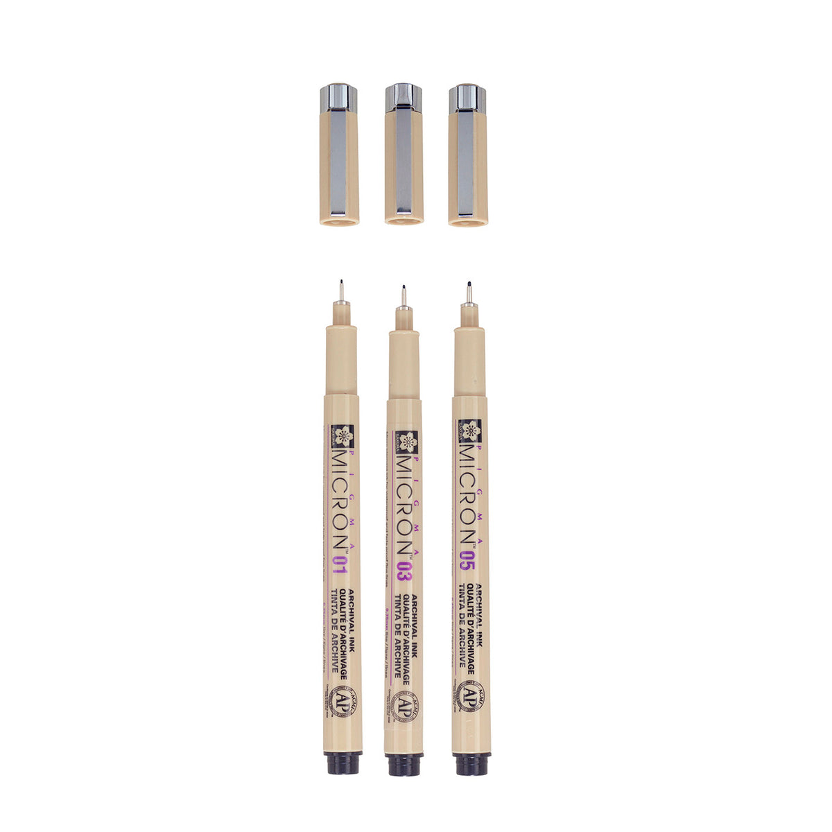Sakura Pigma Micron black 3 pen set: 01, 03 and 05 pens uncapped, standing upright below their three caps