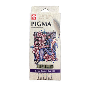 Sakura Pigma Color Sketch Set 005: front of hanging box with koi fish and cherry blossom illustration and pens visible through the window