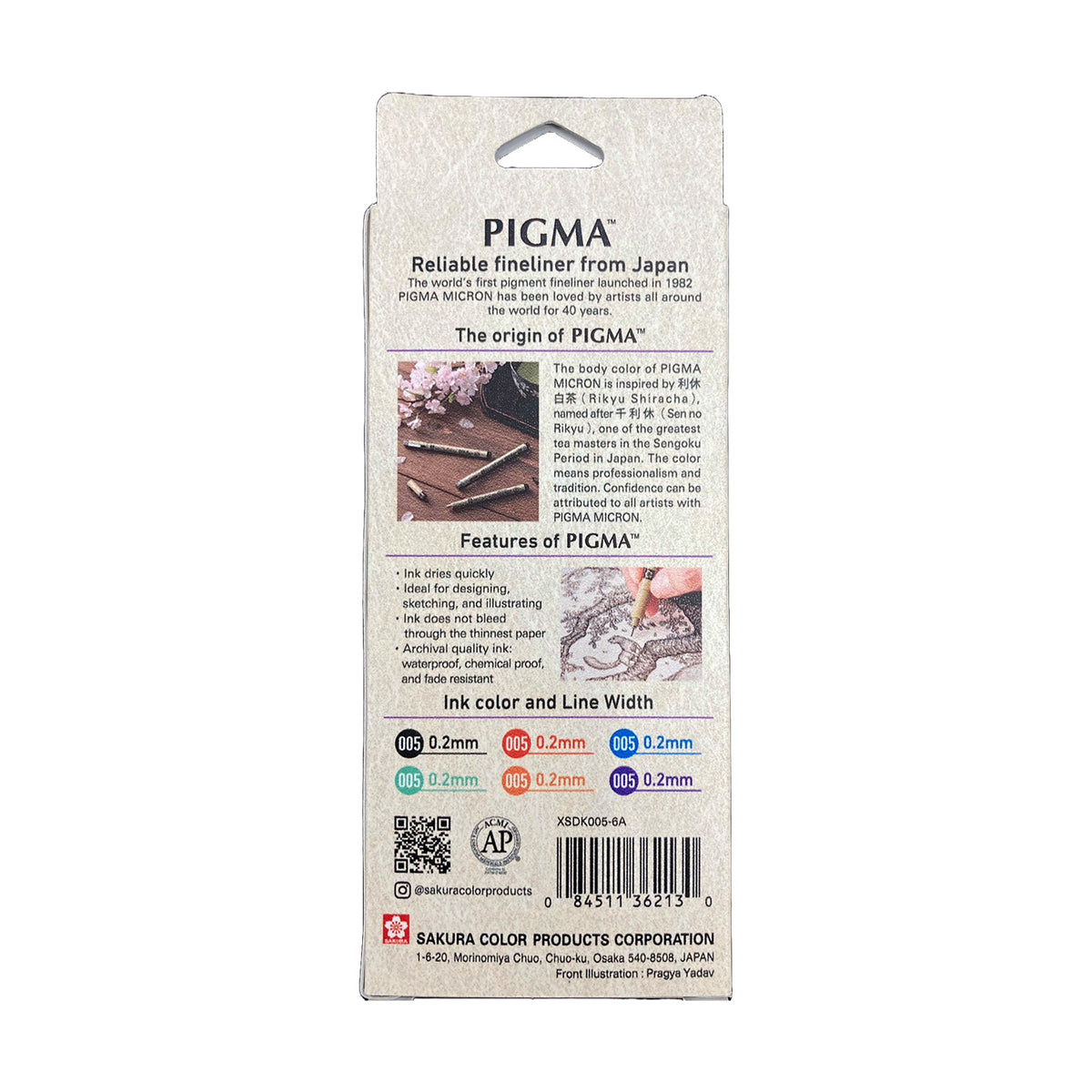 Sakura Pigma Color Sketch Set 005: back of box with Pigma origin story, features list, ink colours and line widths, barcode