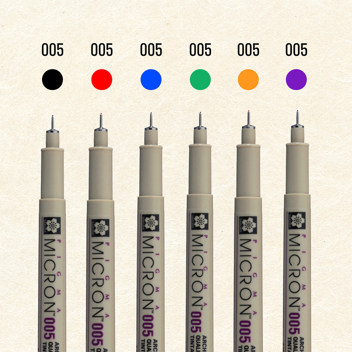 Sakura Pigma Color Sketch Set 005: six Micron 005 pens under black, red, blue, green, orange and purple colour dots