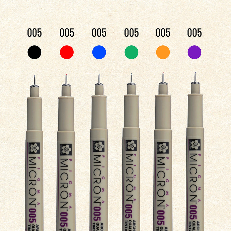 Sakura Pigma Color Sketch Set 005: six Micron 005 pens under black, red, blue, green, orange and purple colour dots