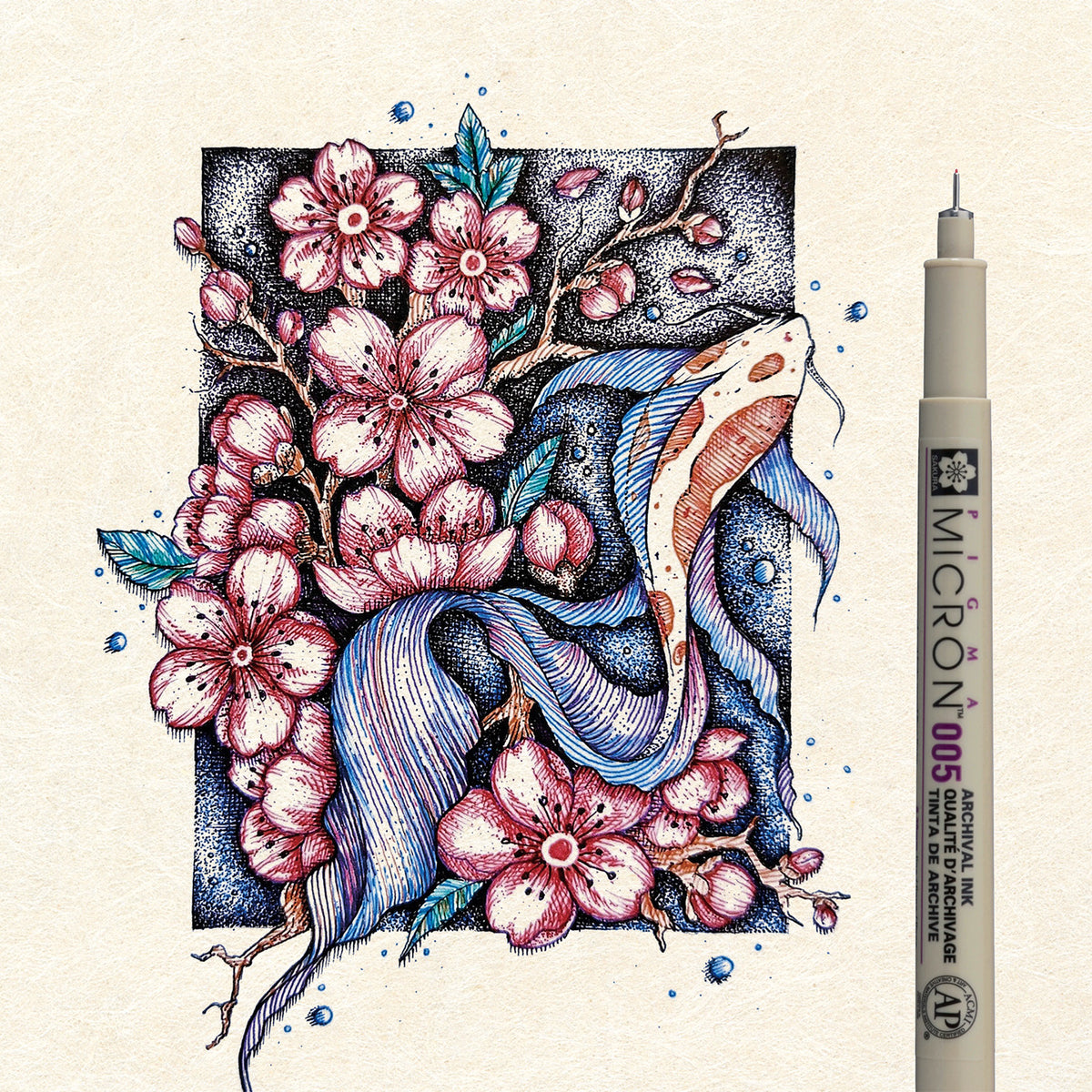 Sakura Pigma Color Sketch Set 005: koi fish and cherry blossom illustration drawn in Pigma ink beside a single Micron 005 pen