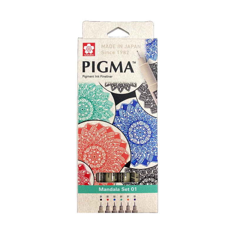 Sakura Pigma Mandala Set 01: front of hanging box with overlapping coloured mandala illustration and pens visible through the window