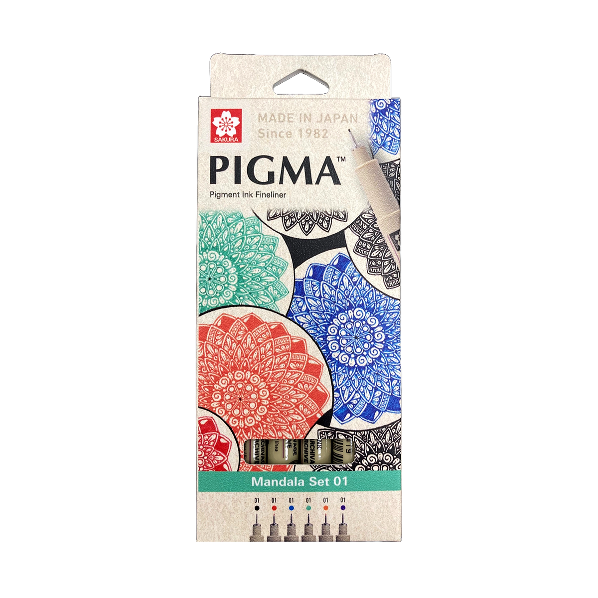 Sakura Pigma Mandala Set 01: box front with overlapping coloured mandala illustration, shown against a dark backdrop