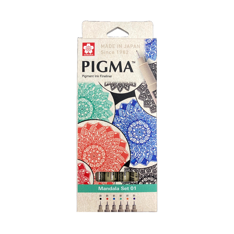 Sakura Pigma Mandala Set 01: box front with overlapping coloured mandala illustration, shown against a dark backdrop