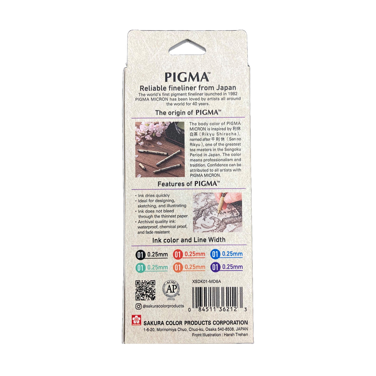 Sakura Pigma Mandala Set 01: back of box with Pigma origin story, features list, ink colours and line widths, barcode