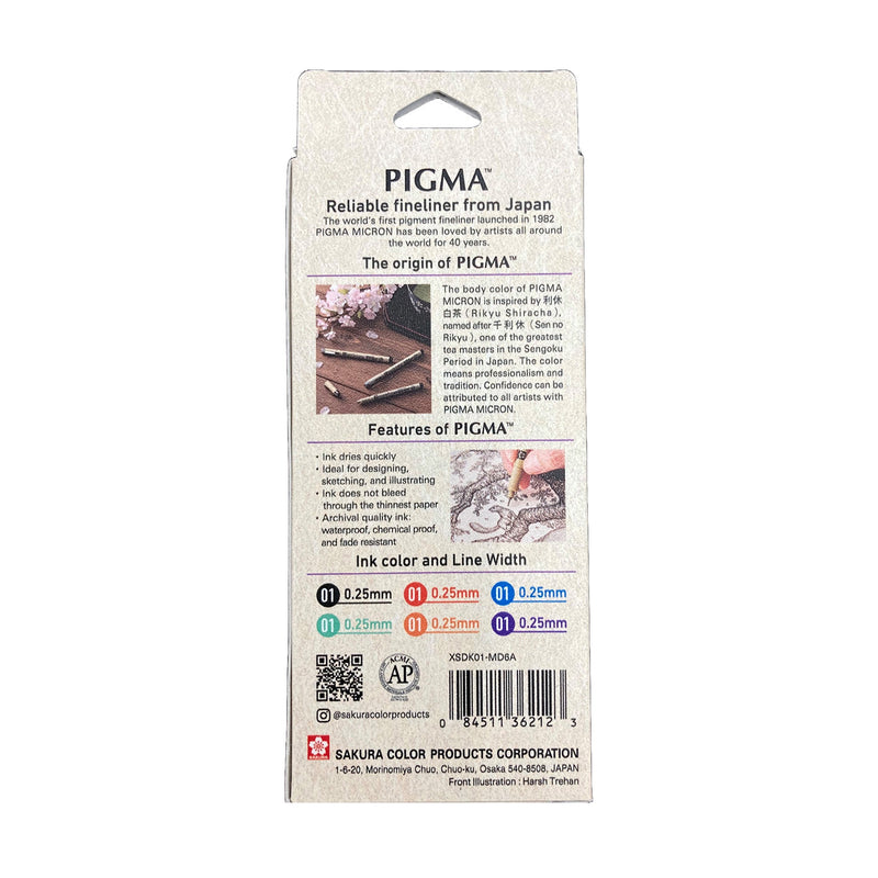 Sakura Pigma Mandala Set 01: back of box with Pigma origin story, features list, ink colours and line widths, barcode