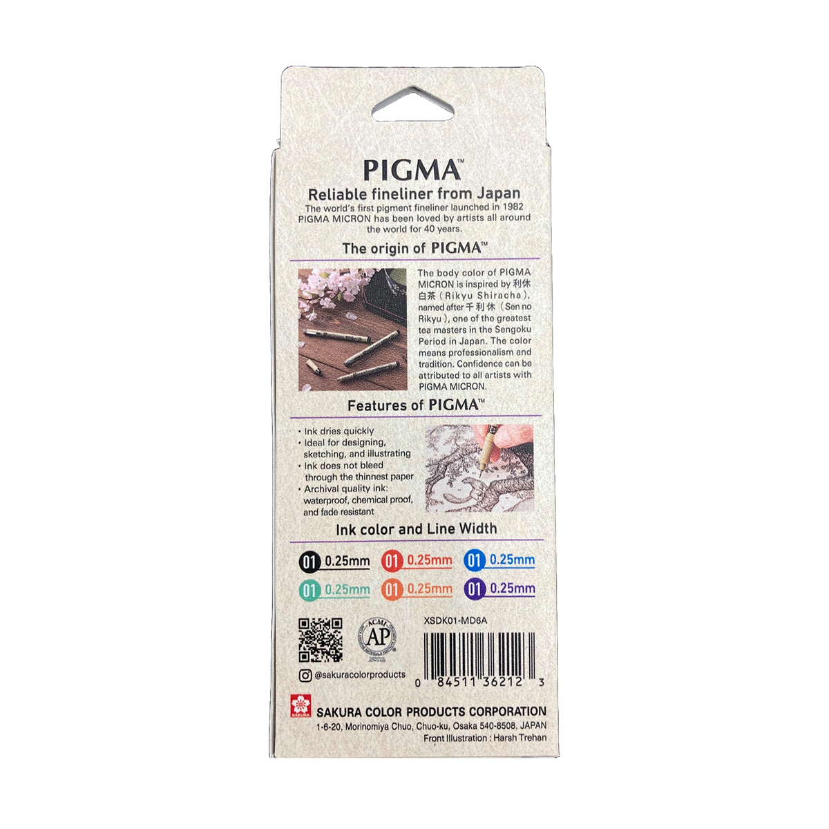 Sakura Pigma Mandala Set 01: box back panel listing features, ink colour and line width chart, darker edge