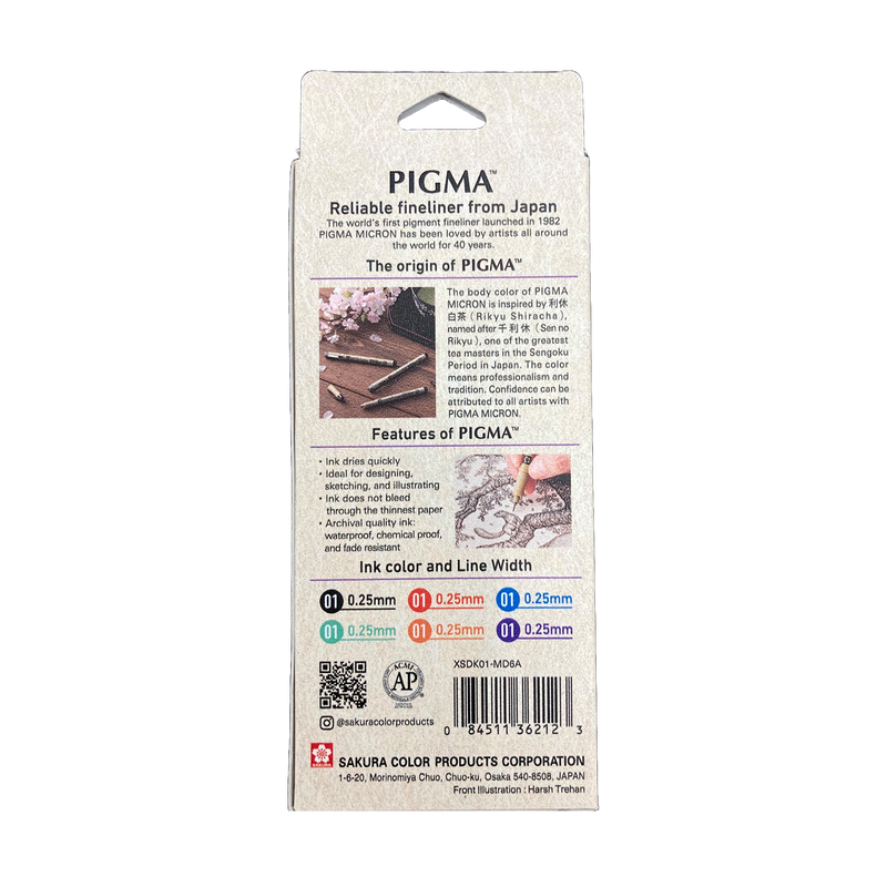 Sakura Pigma Mandala Set 01: box back panel listing features, ink colour and line width chart, darker edge