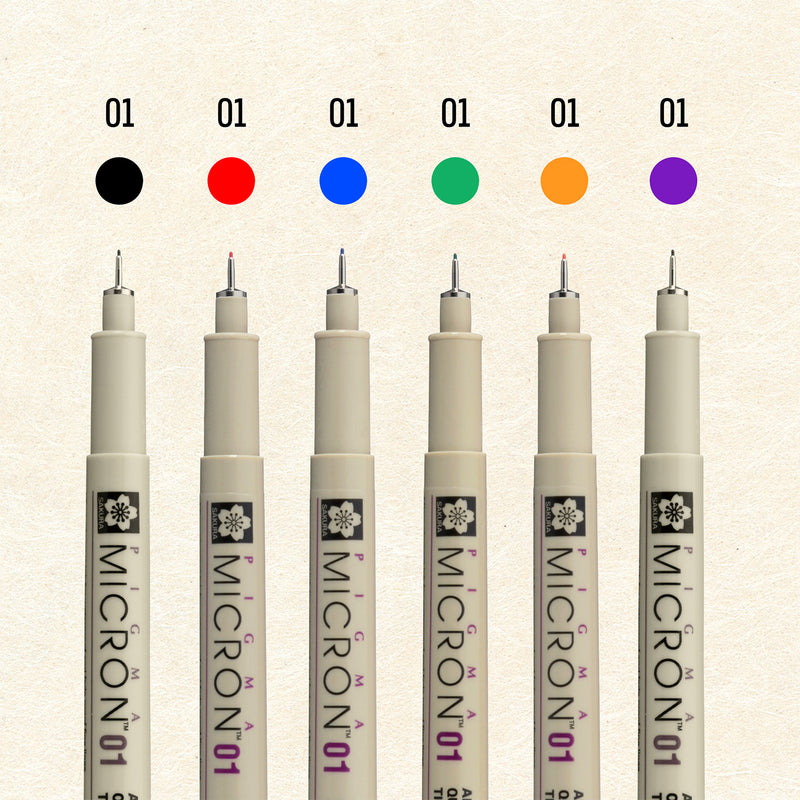 Sakura Pigma Mandala Set 01: six Micron 01 pens under black, red, blue, green, orange and purple colour dots