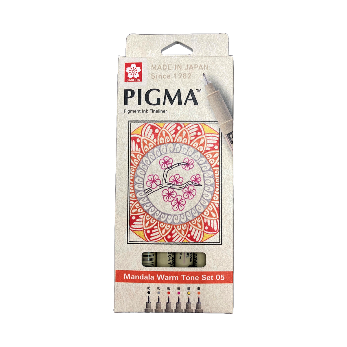 Sakura Pigma Mandala Warm Tone Set 05: box front with red, orange and yellow mandala with cherry blossom branch, shown against a dark backdrop