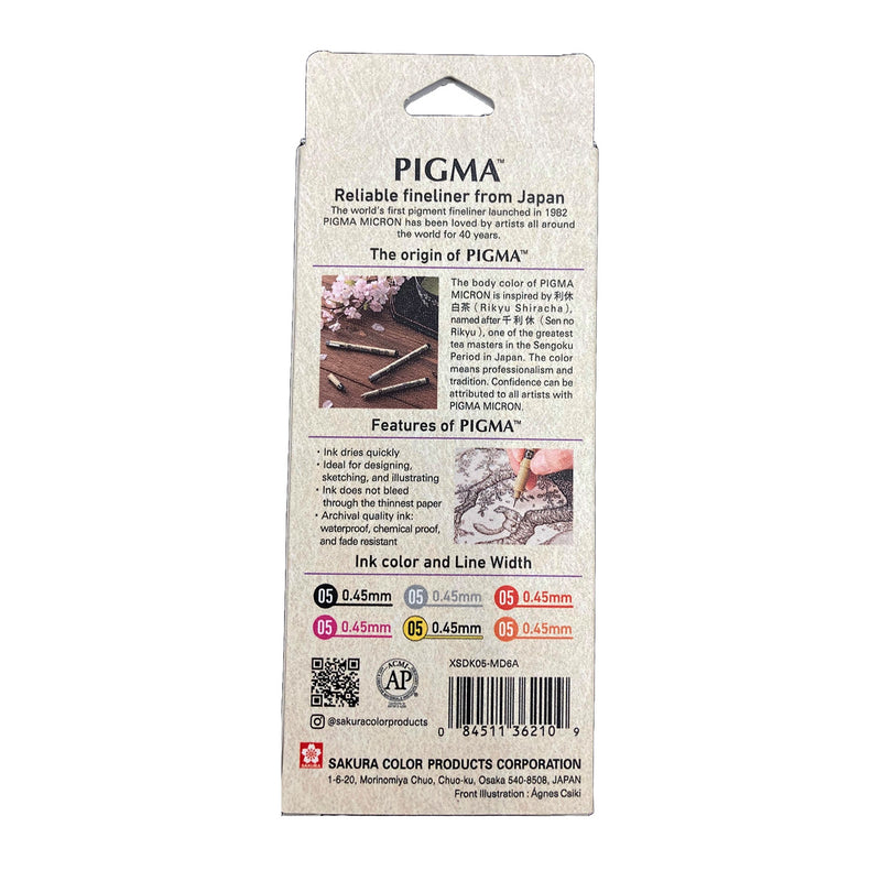 Sakura Pigma Mandala Warm Tone Set 05: back of box with Pigma origin story, features list, ink colours and line widths, barcode