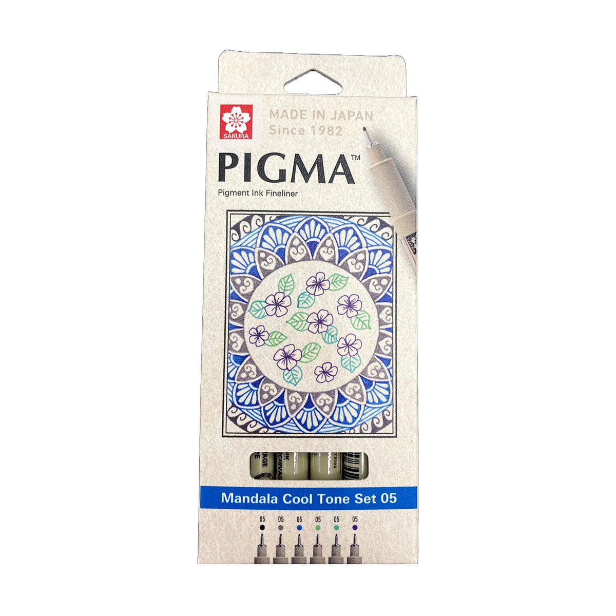 Sakura Pigma Mandala Cool Tone Set 05: front of hanging box with blue mandala with purple flowers and green leaves and pens visible through the window