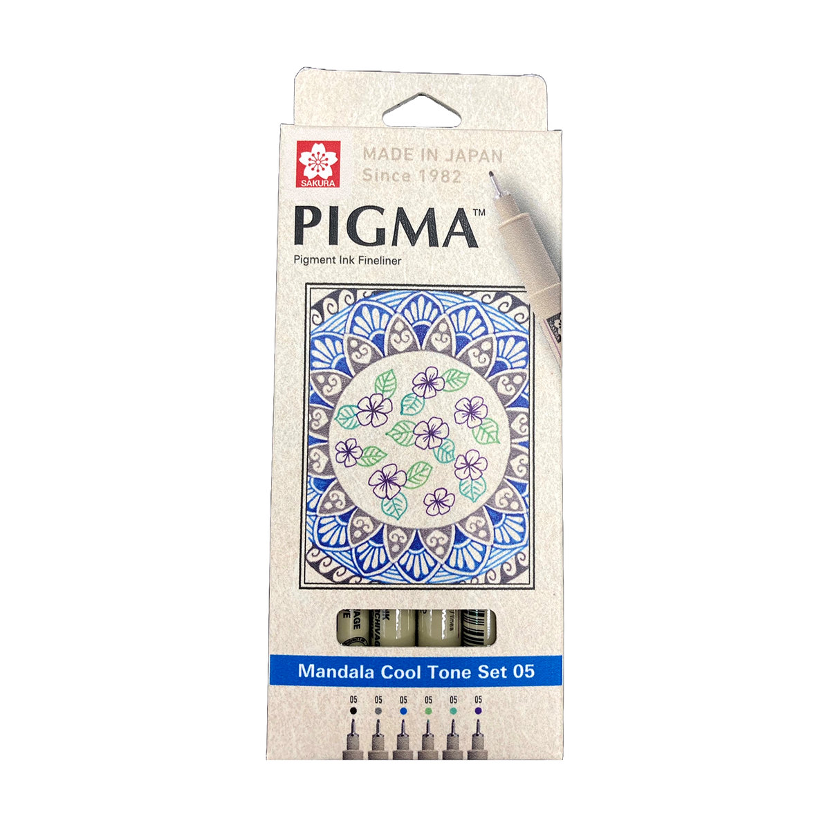 Sakura Pigma Mandala Cool Tone Set 05: box front with blue mandala with purple flowers and green leaves, shown against a dark backdrop