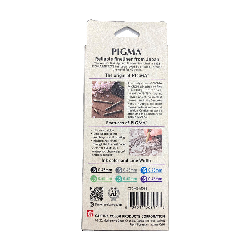 Sakura Pigma Mandala Cool Tone Set 05: back of box with Pigma origin story, features list, ink colours and line widths, barcode